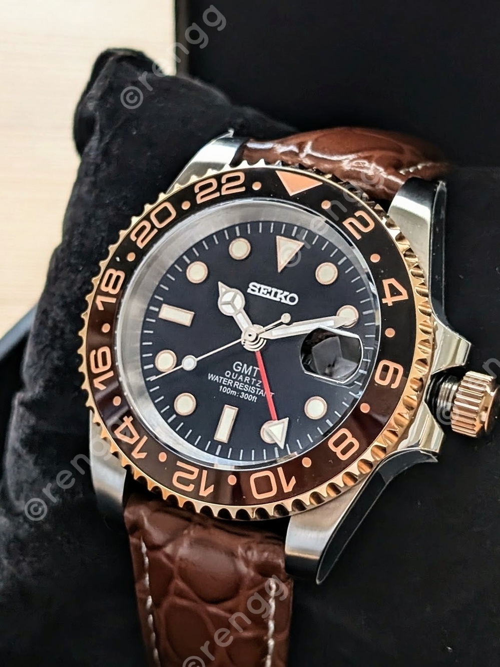 Seiko GMT Root Beer Swiss Quartz Mod Watch in Black & Rose Gold Sapphire 24jewel